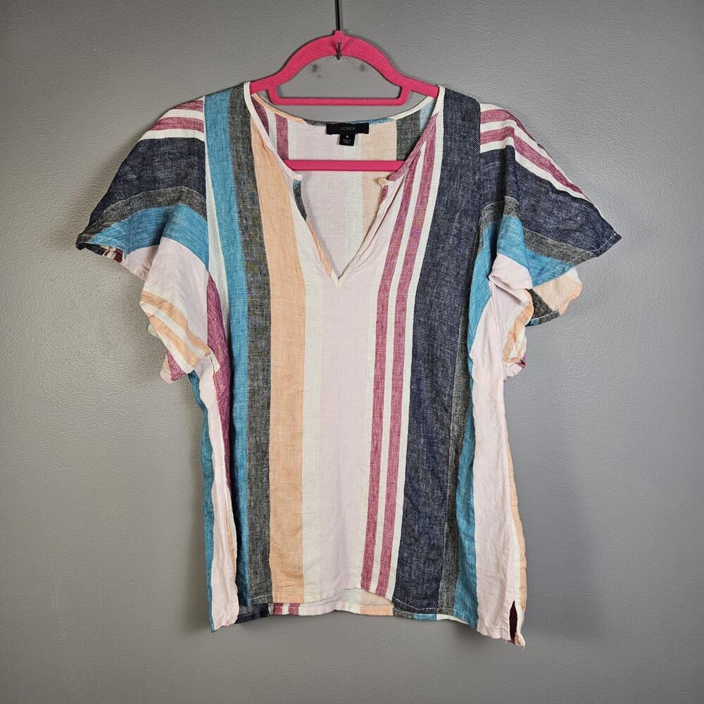 J. Crew Blouse‎ 100% Linen Colorful Striped Women’s Size 8 Flutter Sleeve